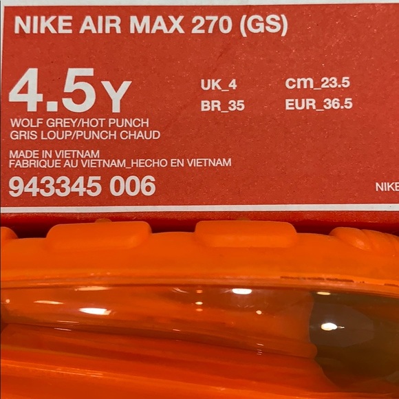 NIKE AIR MAX 270 GS 'WOLF GREY HOT PUNCH' - Picture 13 of 16